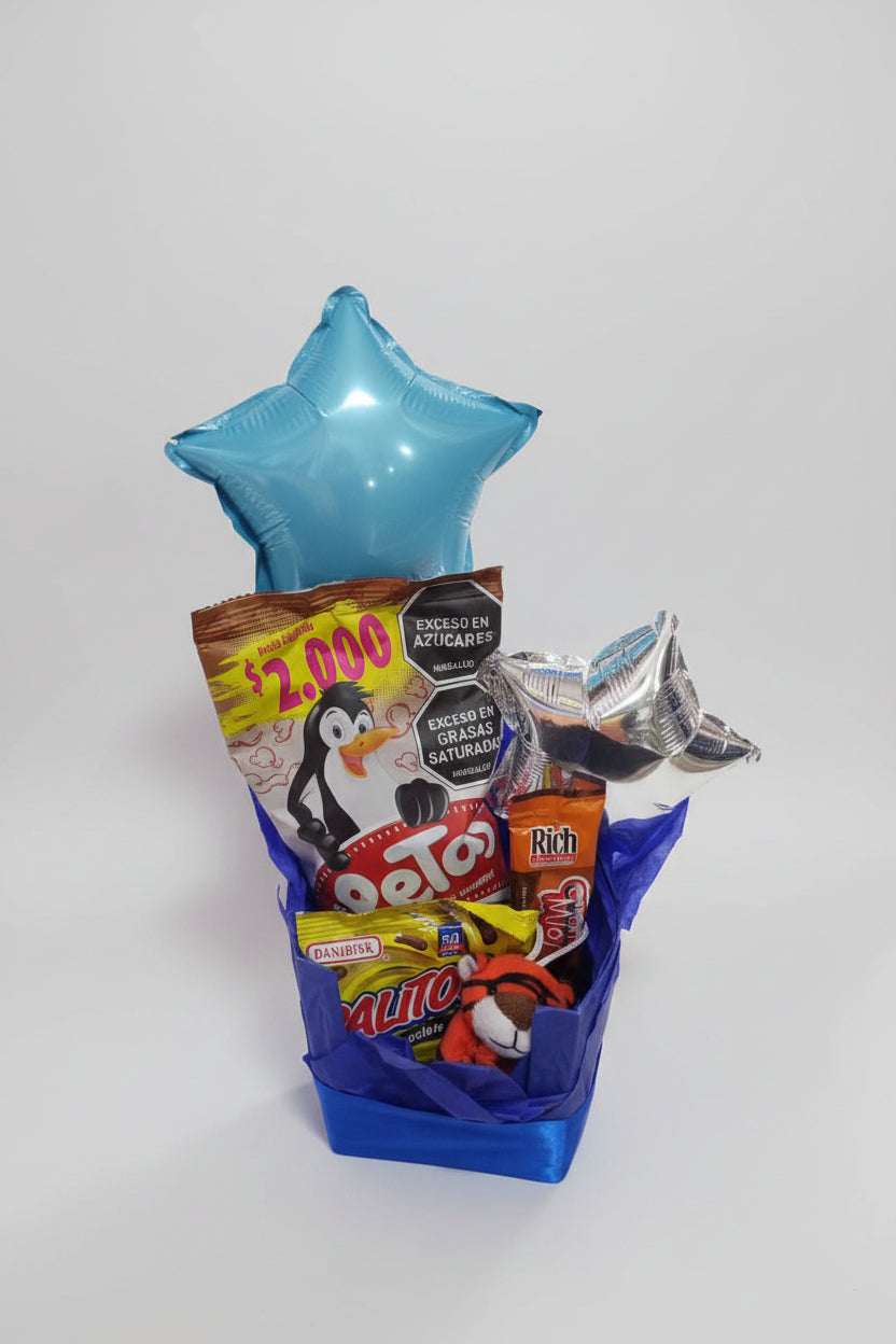 Canasta de Golosinas con Globos 🌟💙