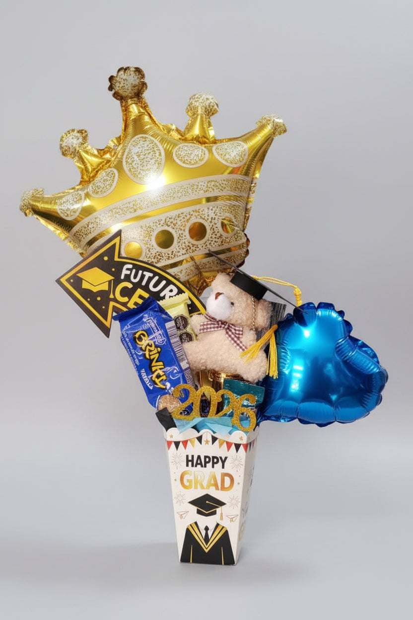 Arreglo Graduación Happy Grad 🎓👑 Corona Dorada con Golosinas y Mini Peluche