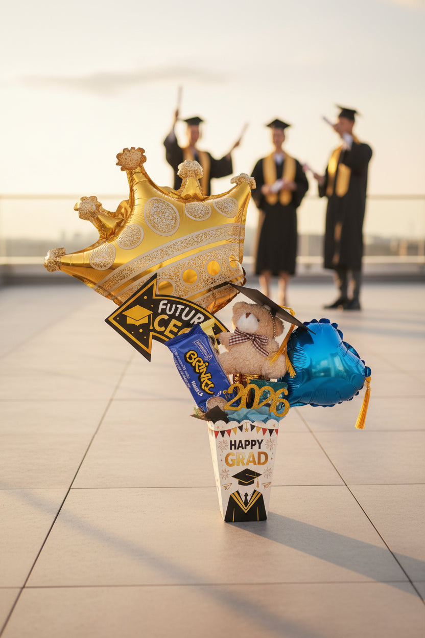 Arreglo Graduación Happy Grad 🎓👑 Corona Dorada con Golosinas y Mini Peluche