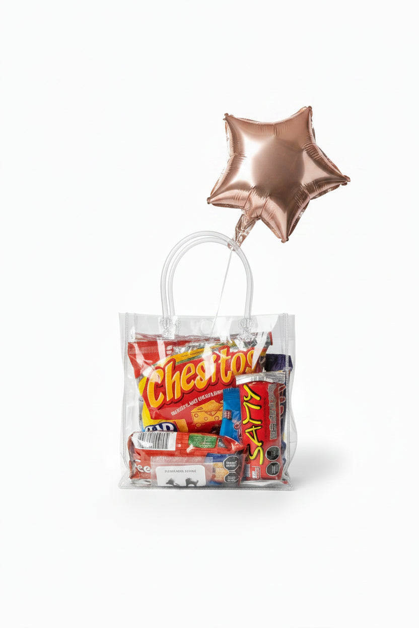 Carterita transparente con globos rose gold, Chesitos y aretes – vista frontal