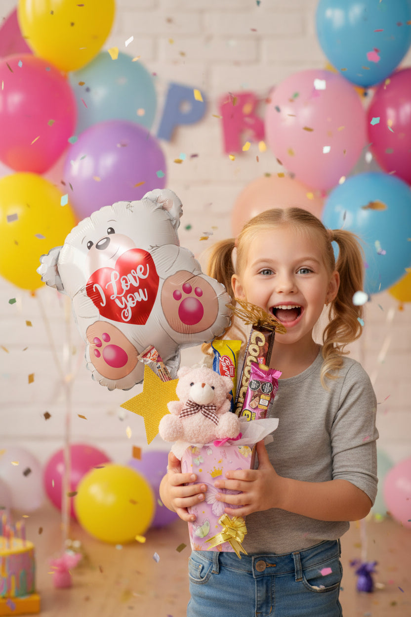 Arreglo Globo I Love You 🐻❤️ con Golosinas y Mini Peluche – Personalizado
