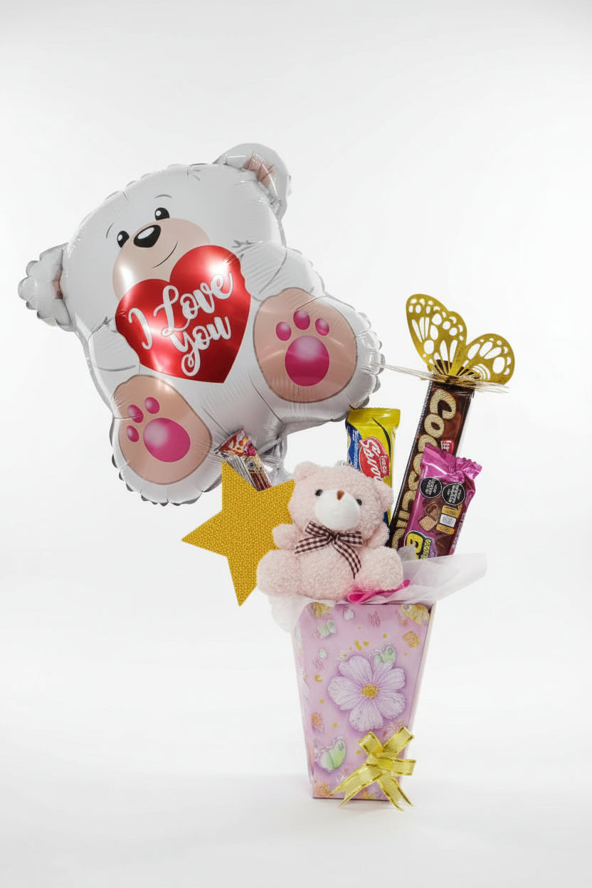 Arreglo globo I Love You con osito, golosinas y caja decorativa – regalo personalizado