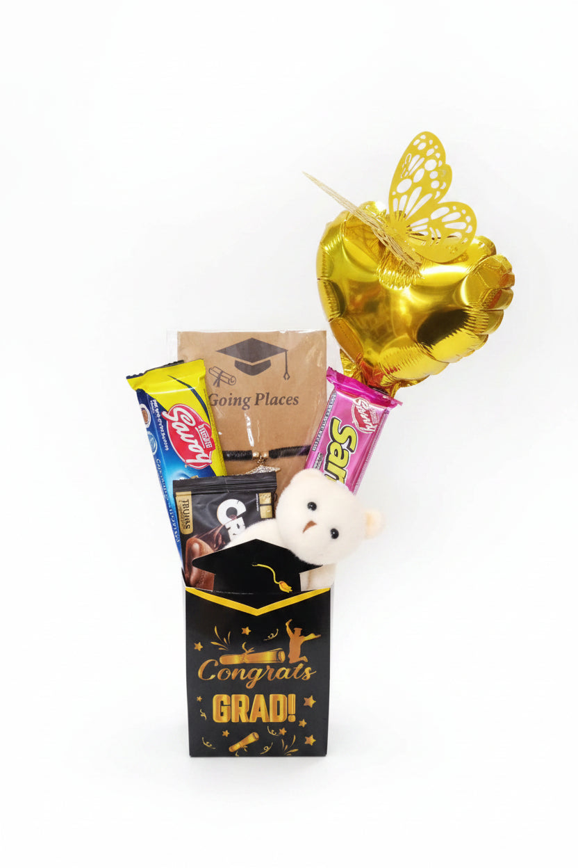 Arreglo Graduación Congrats Grad 🎓🧸 con Golosinas y Pulsera Tejida