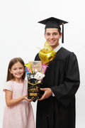 Arreglo graduación Congrats Grad con globo mariposa dorada, golosinas y mini peluche – vista 1