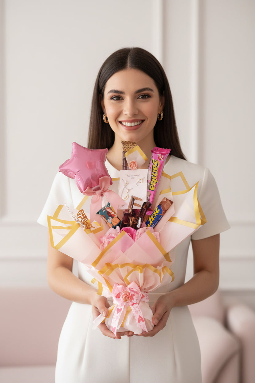 Ramo Bouquet Rosa con Golosinas y Accesorios 🌸⭐