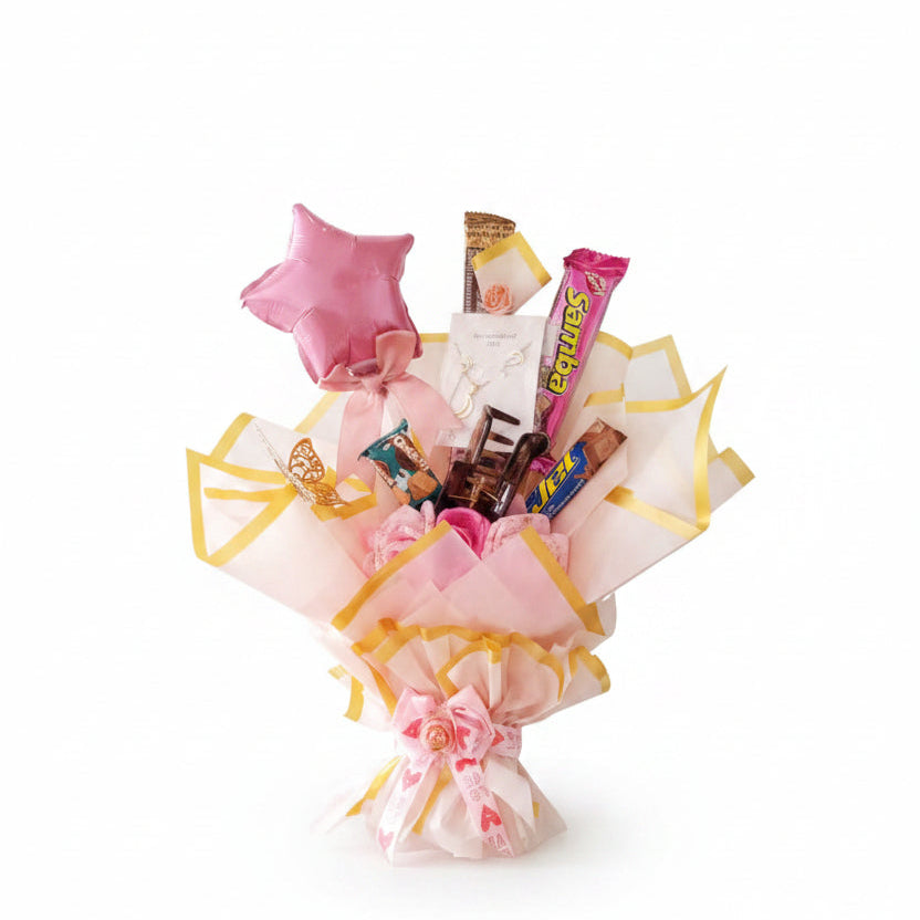 Ramo Bouquet Rosa con Golosinas y Accesorios 🌸⭐
