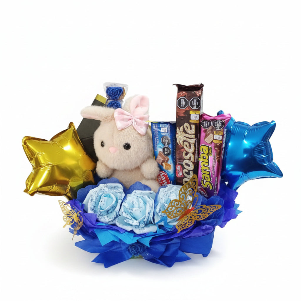 Caja Azul con Peluche, Globos y Golosinas 🐰💙