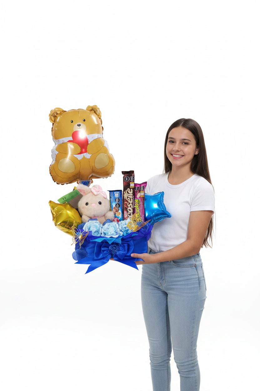 Caja Azul con Peluche, Globos y Golosinas 🐰💙