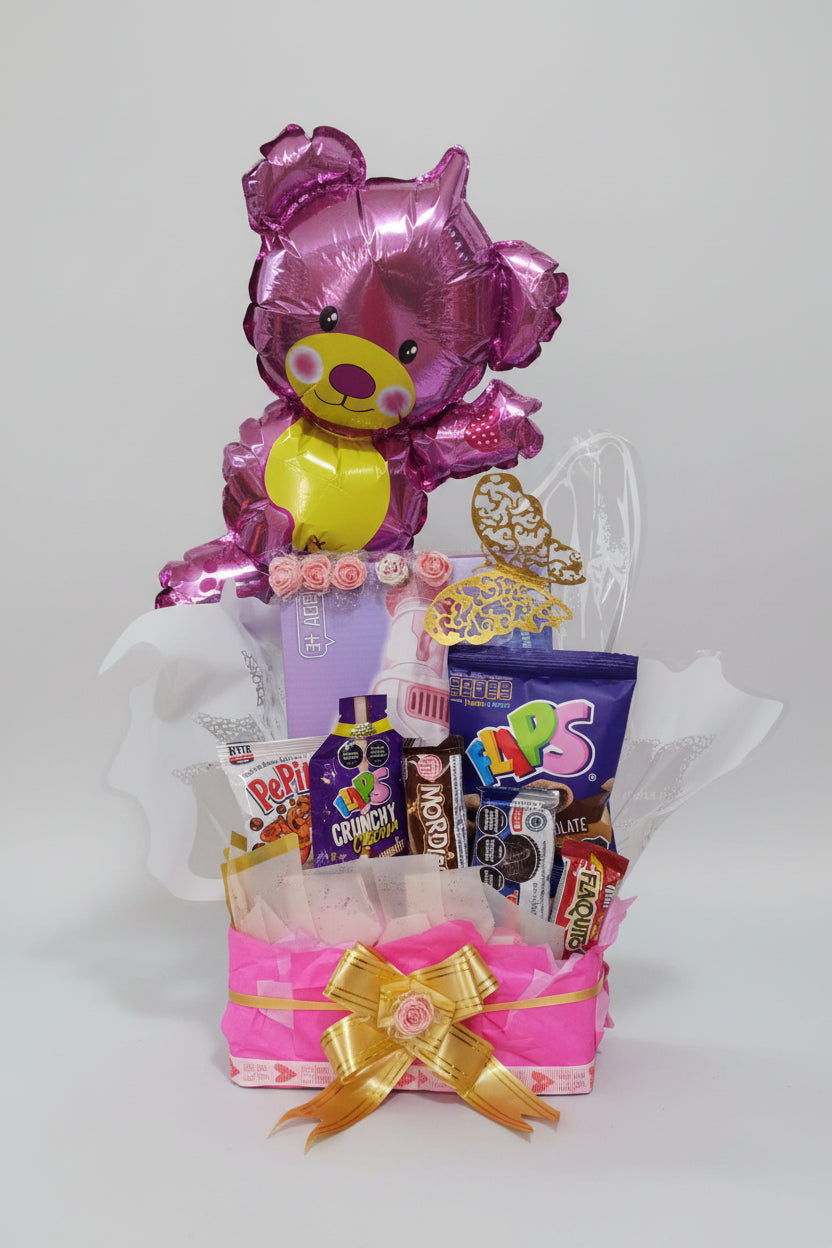 Arreglo cumpleaños osito morado con pistola de burbujas rosada y decoración feliz cumpleaños – vista 2