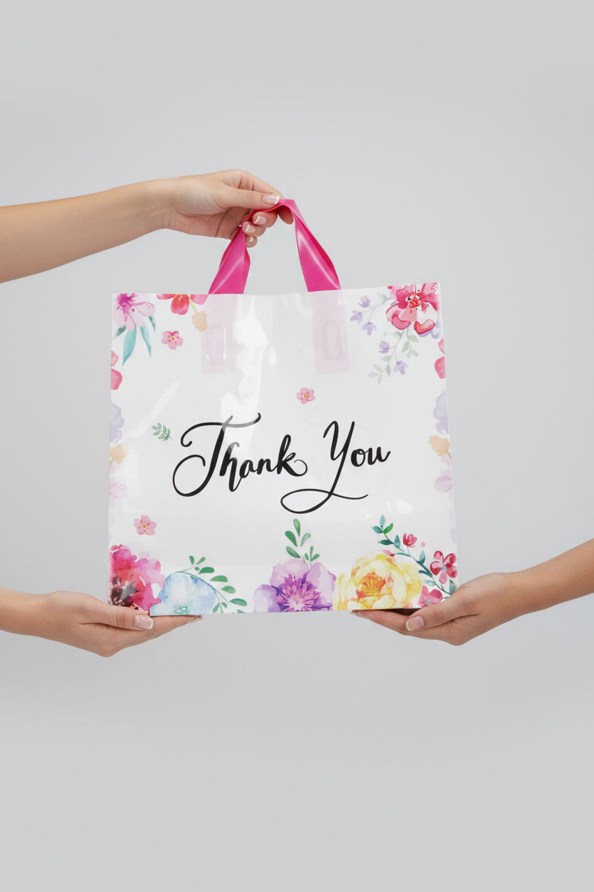 Bolsa de Regalo Plástica Thank You con Flores 25x30 cm