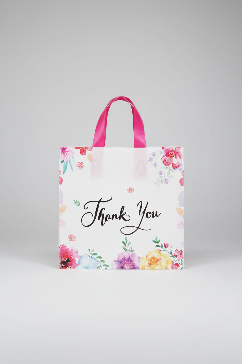 Bolsa de Regalo Plástica Thank You con Flores 25x30 cm
