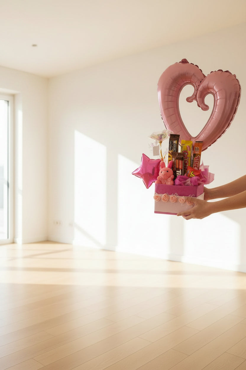 Arreglo Corazón Metálico con Muñequito y Chocolates