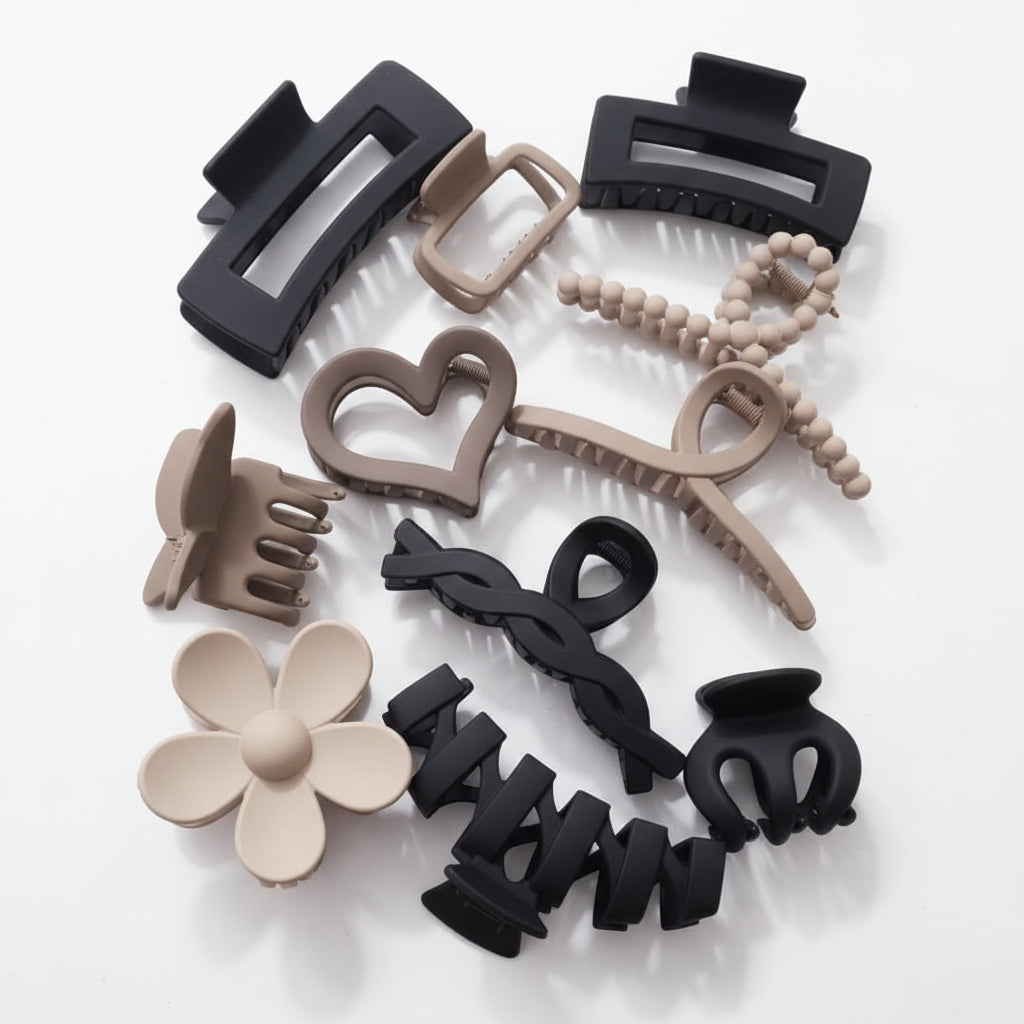 Ganchos y Pinzas para Cabello Mate – Negro y Beige