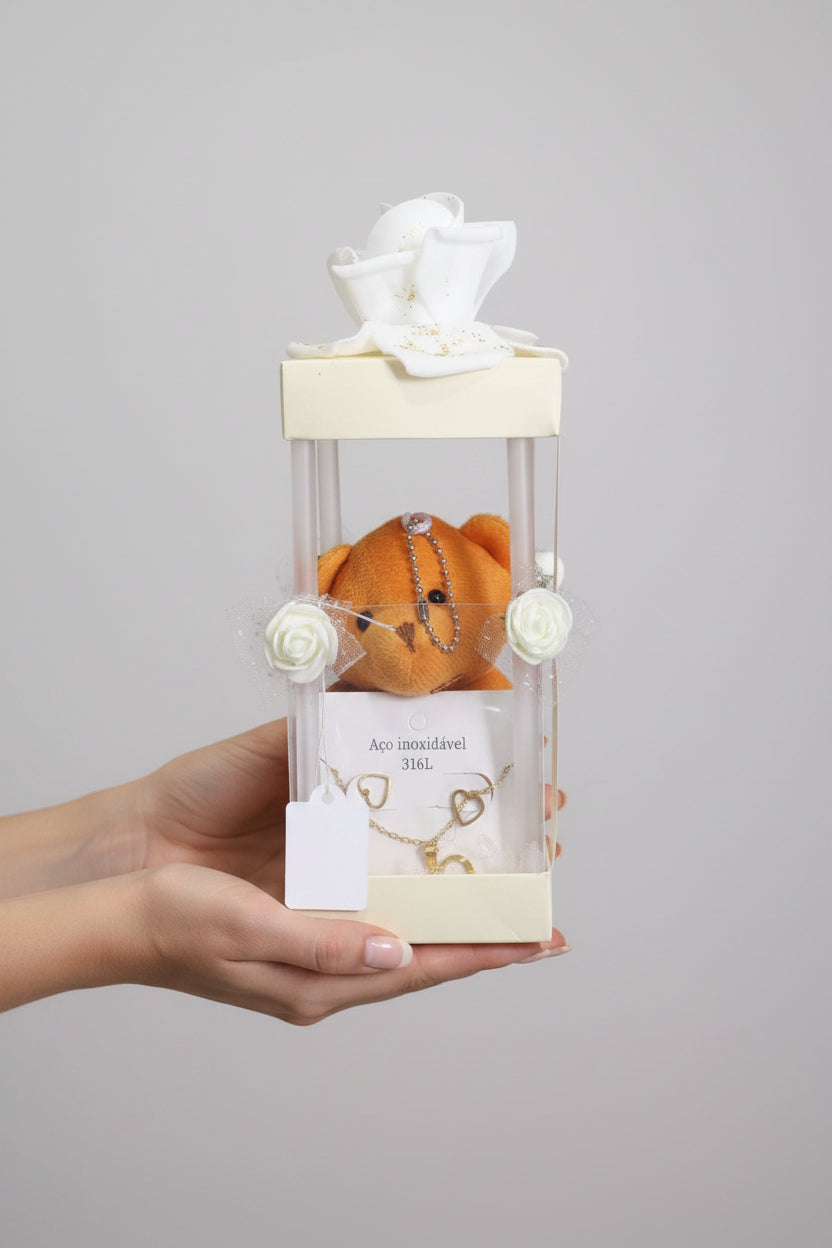 Caja Acrílica con Osito y Set de Joyería