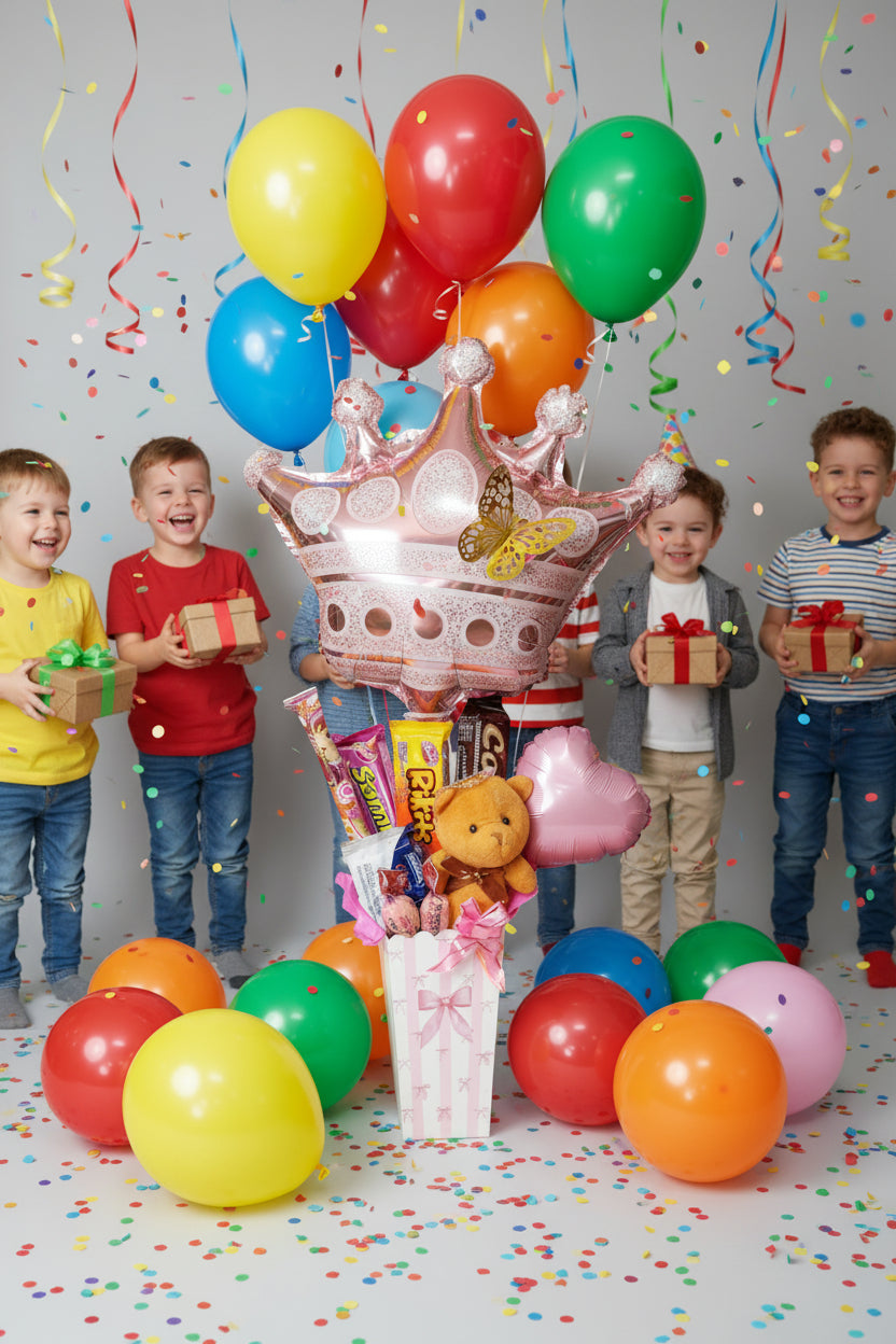 Arreglo de globos corona rosa con golosinas y mini peluche – vista lateral